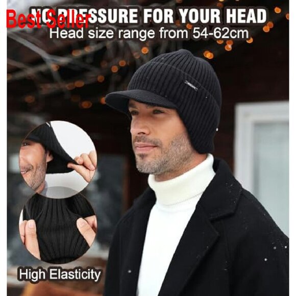 Winter Beanie with Brim Ear Flaps Fleece Lined Knit Hat Outdoor Adventure